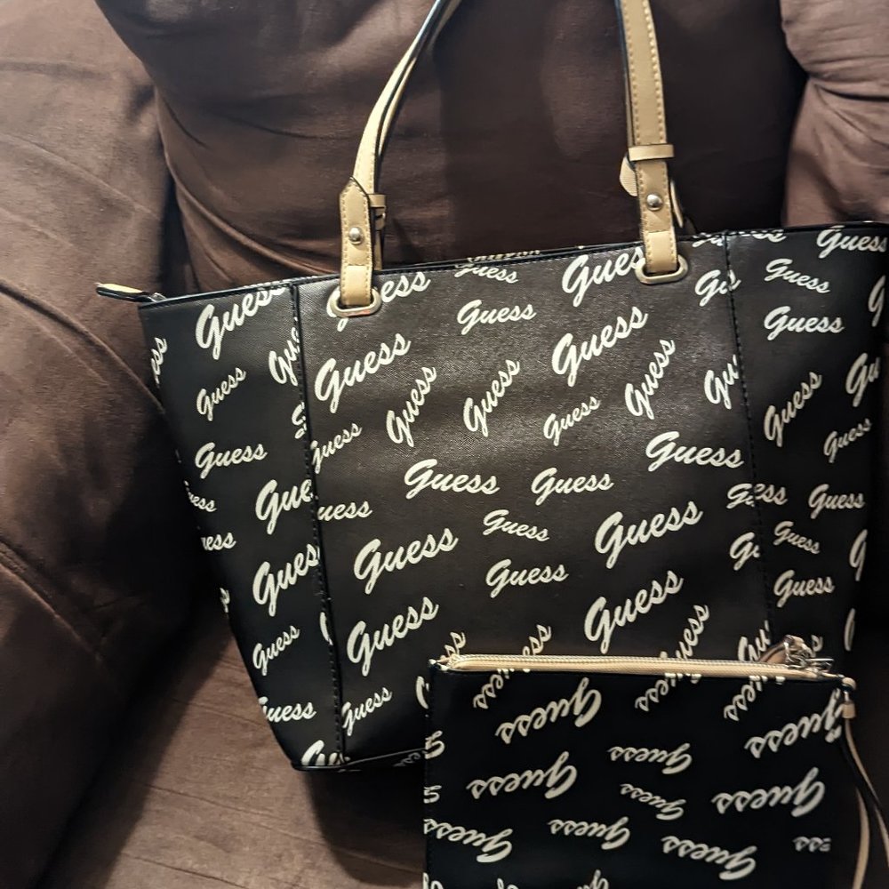 Black Beige and White Guess Signature Tote Bag with matching large size Wallet